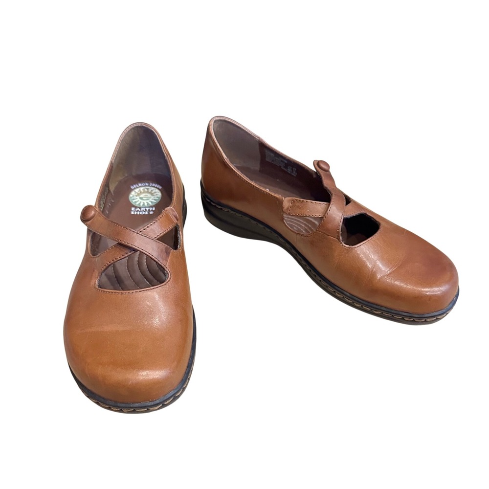 Earth Shoe Autumn Brown Leather Mary Jane Flats Comfort 8.5 Chic Minimalist